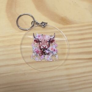 Highland Cow and Flowers Keychain